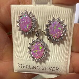 Sterling Silver 925 Italy Pink Oval Earrings & Pendant Set